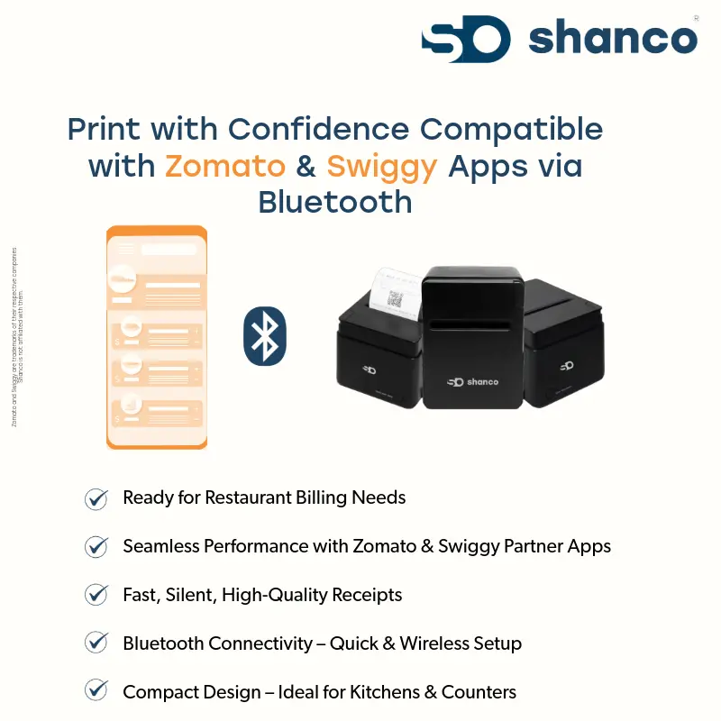Compact Shanco Bluetooth thermal printer compatible with Swiggy and Zomato, supports 58mm and 80mm paper, ideal for restaurant billing.