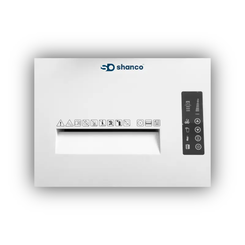 Shanco S18P4 Paper Shredder Front View – Power Control Panel and Paper Feeder Slot
